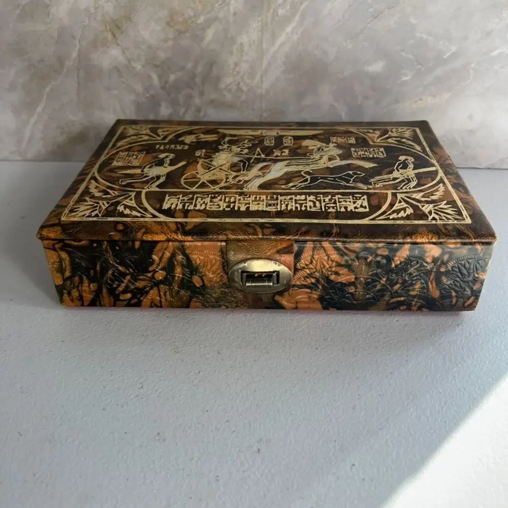 Egyptian Leather Jewelry Box Handmade Chariot Design Trinket Box Embossed